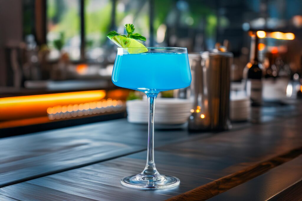 A refreshing blue cocktail garnished with lime and mint on a stylish bar.